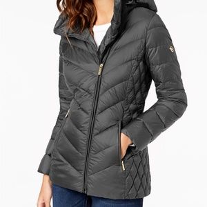 Michael Kors Asymmetrical Hooded Puffer Coat GREY